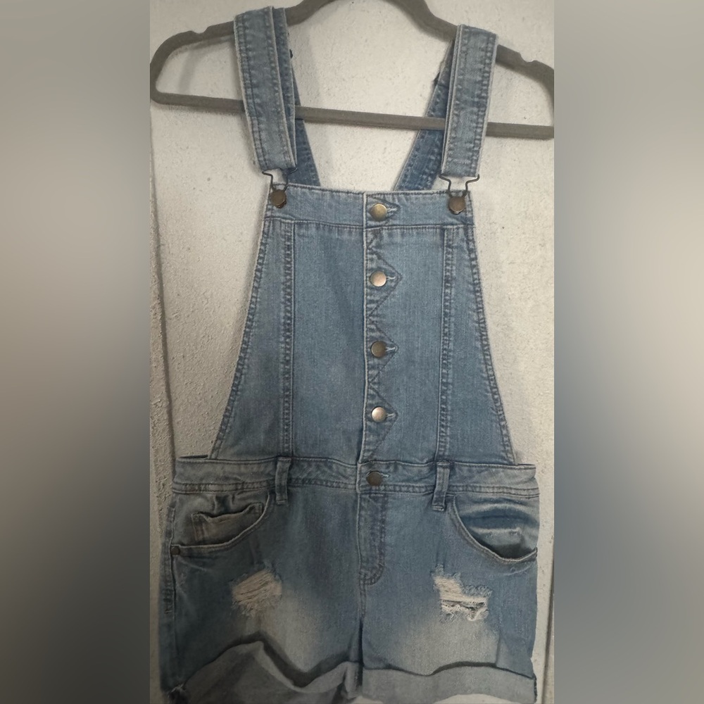 Tinseltown Light Blue Denim Short Overalls Romper